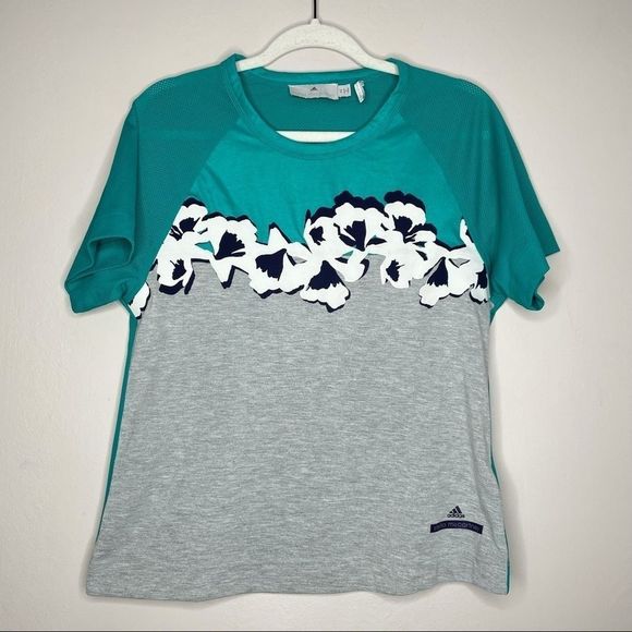 Adidas‎ Stella McCartney climalite teal gray mesh active floral shirt - Picture 1 of 8